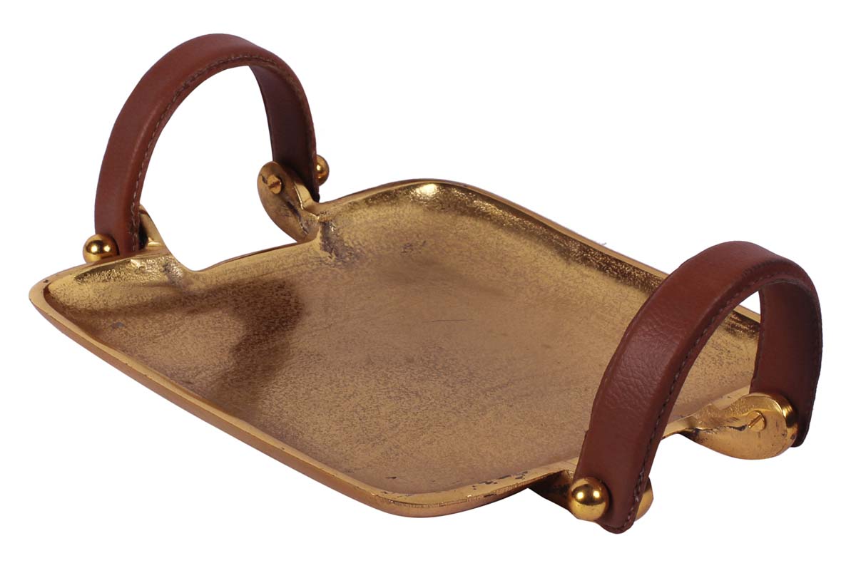 Buy in Bulk Wholesale Metal Tray with 9.5” Square Decorative Leather Handles & Distressed Finish - Golden Color - Modern Home Decor
